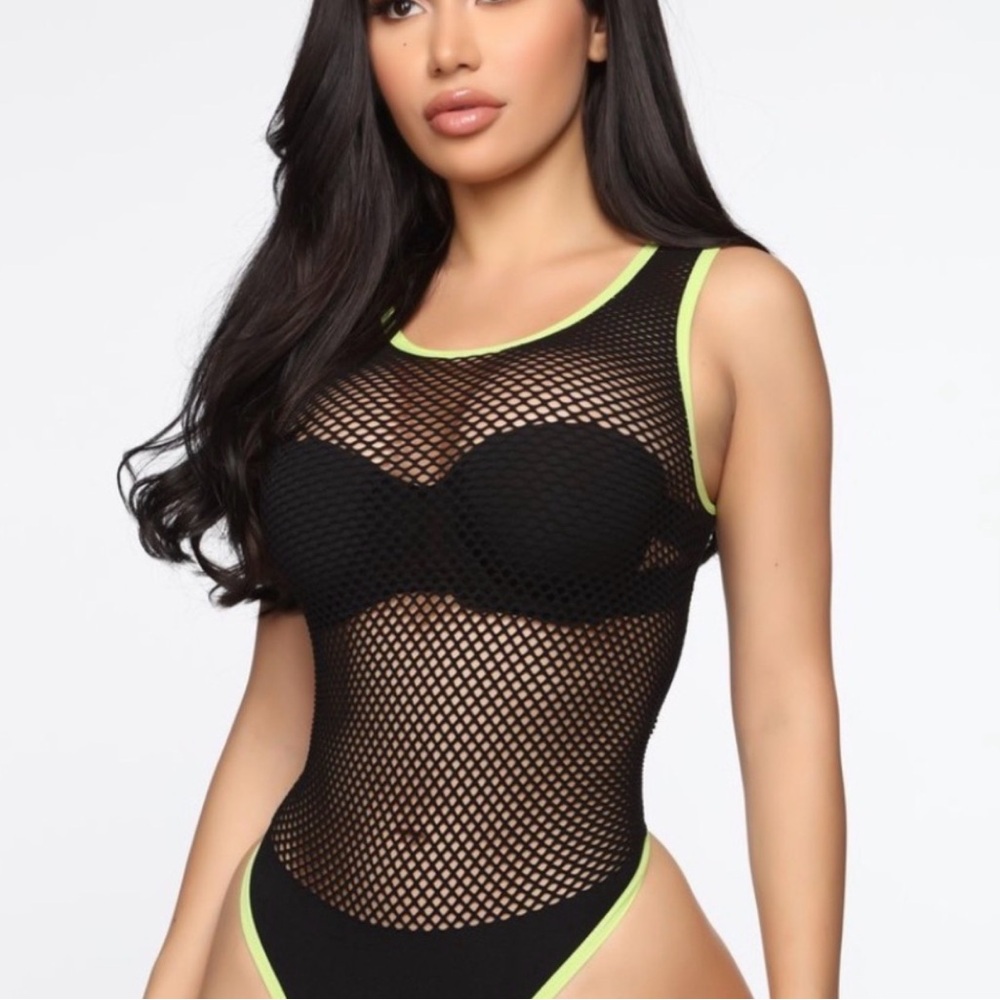 Fashion Nova Black Mesh Bodysuit with Neon Accents
